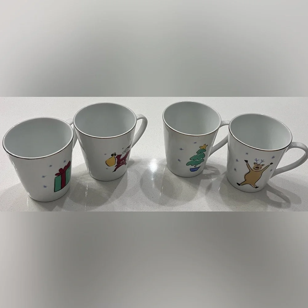 Merry Brite Whimsical Christmas Mugs Cups White‎ Porcelain Set Of 4